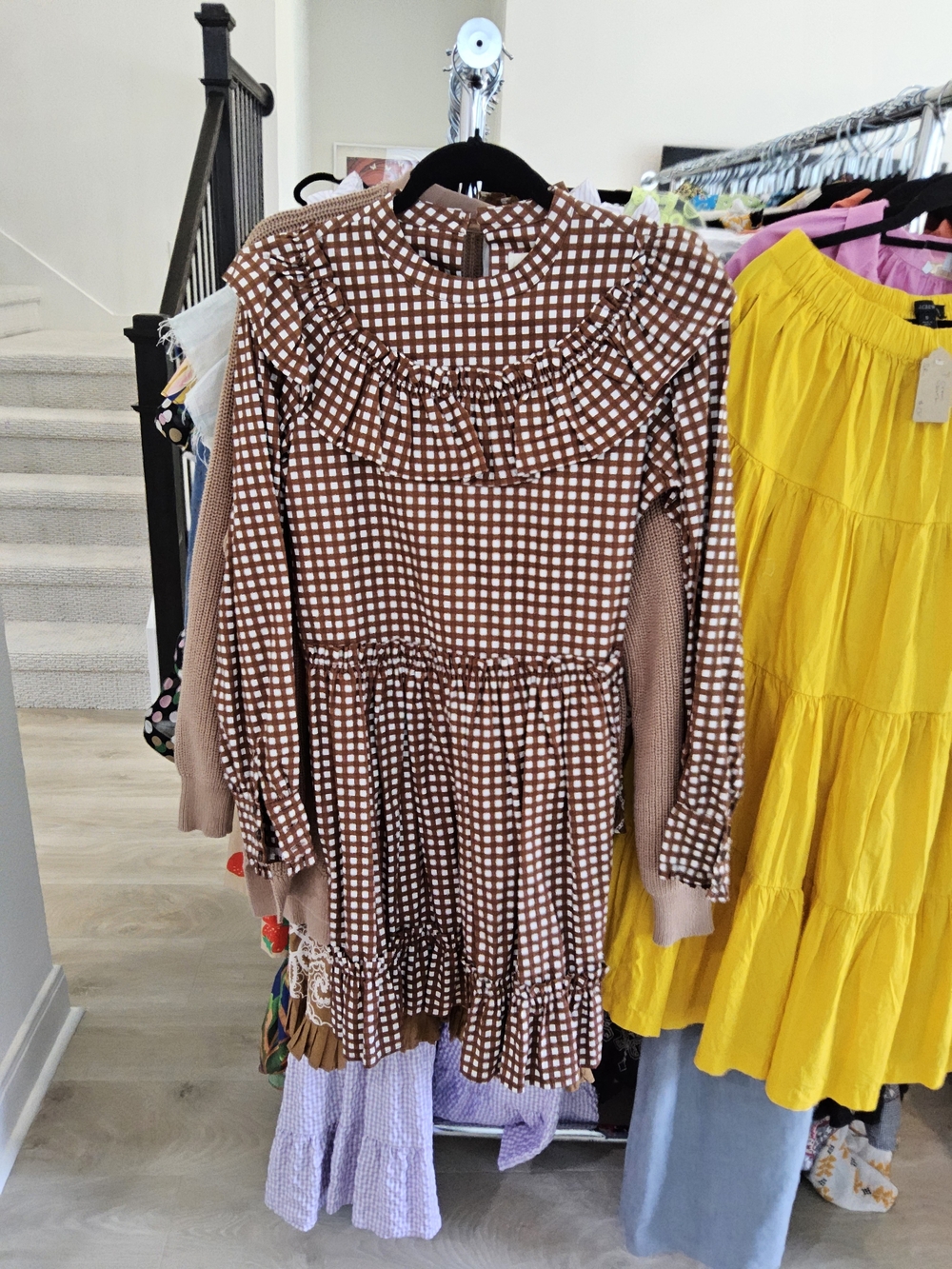Gingham Ruffle Long-Sleeve Dress in Brown & White|| Size Small